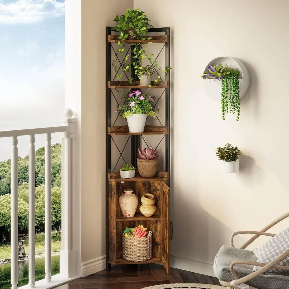 Corner Shelf 5-Tier with Storage Rustic Corner Bookshelf Stand Storage Rack Plant Stand for Living Room Home Office Kitchen