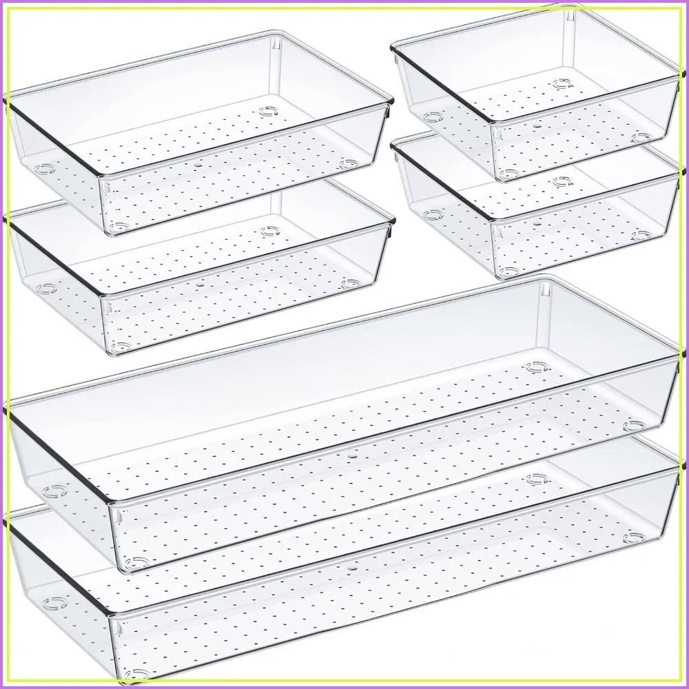 

6 Pcs Large Clear Drawer Organizer Set, Acrylic Non-Slip Kitchen Storage Tray, Multifunctional for Cosmetics, Bathroom, Office