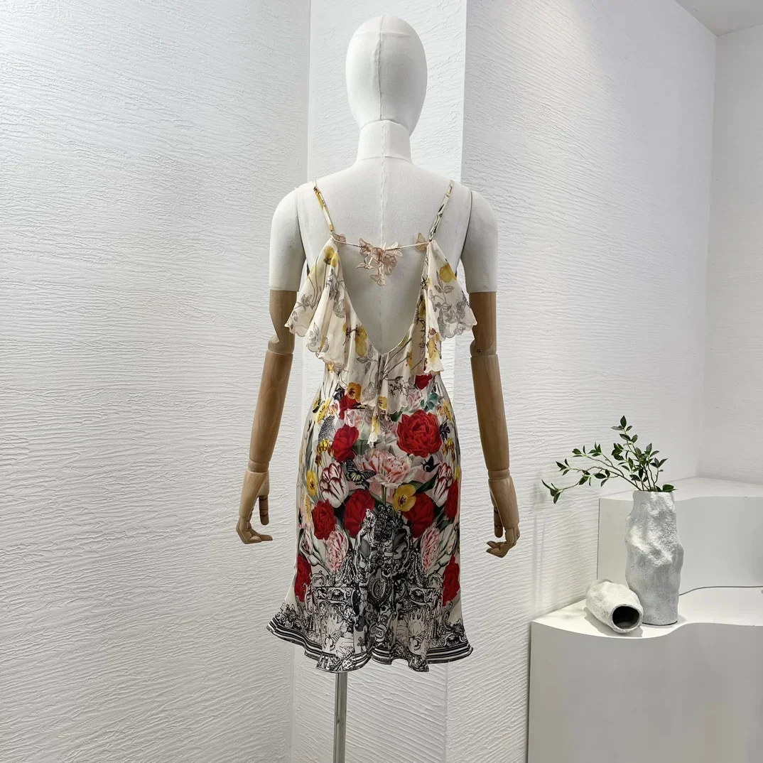 Summer Women Mini Dress 2024 New Arrival White Red Rose Flower Butterfly Print Sleeveless Deep V Neck Backless for Holiday Party