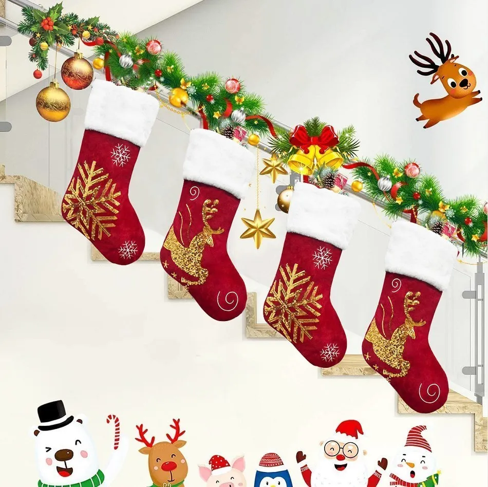 

New Christmas Stockings Socks with Snowman Elk Printing Candy Gift Bag Fireplace Xmas Tree New Year Christmas Decorations