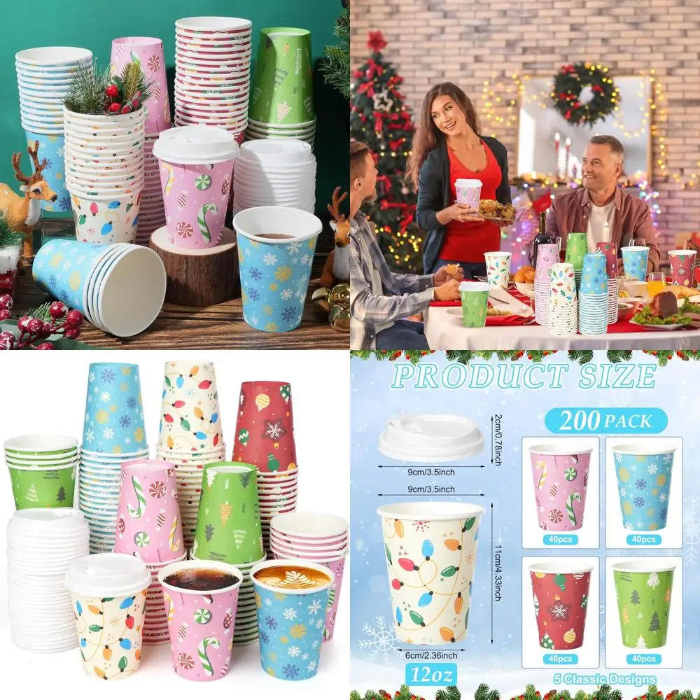 

200 Pack 12oz Christmas Themed Paper Cups with Lids, Assorted Styles for Festive Parties