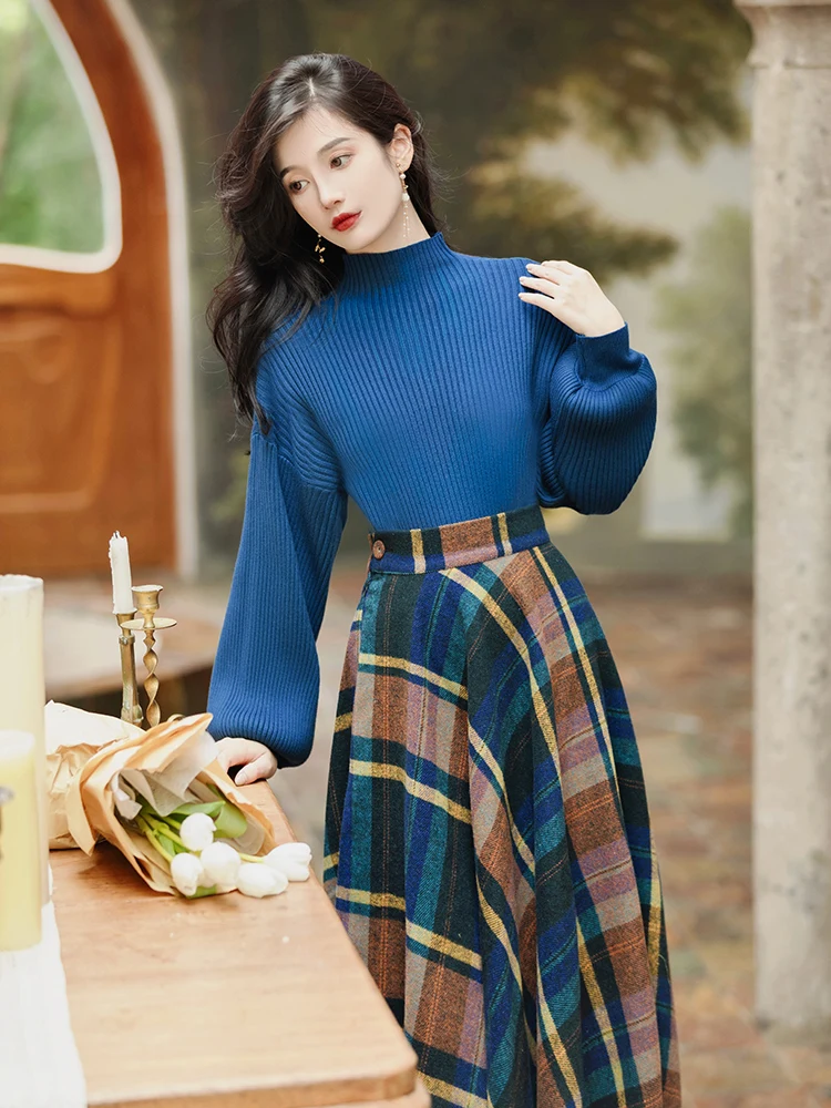 Vintage Elegant Two Piece Skirt Set Women Spring Autumn Long Sleeve Blue Sweater and Long Skirts Winter Outfits