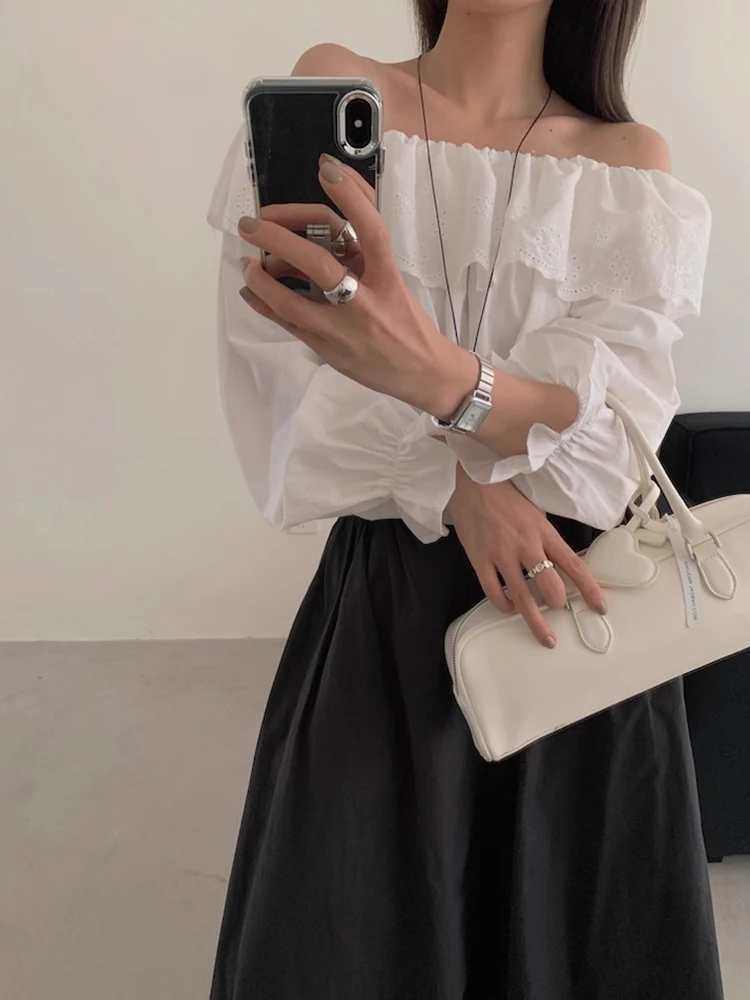 

Шикарный длинный све с вышивкой и воланами на одно плечо, свободный женский гладкий корейский Sle Commute Bubble Sve обычной длины