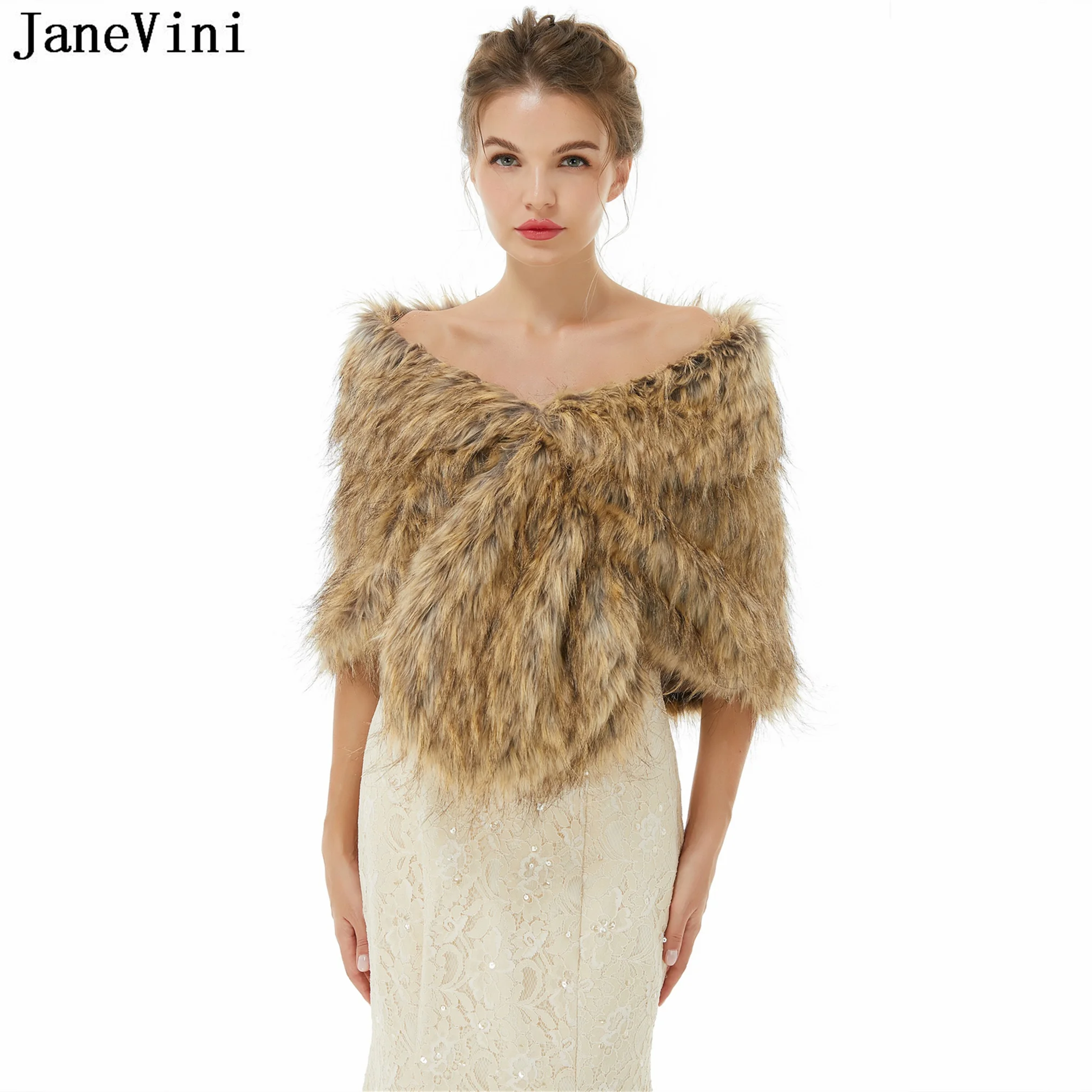 

JaneVini Fur Faux Winter Bolero Women Bridal Shawl Wedding Dress Jacket Pelz Cape Brown shrugs Gray Evening Prom Wraps Stoles