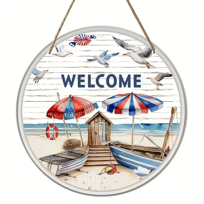 Nautical Seagull Striped Beach Umbrella Acrylic Front Door Wall Ornament
