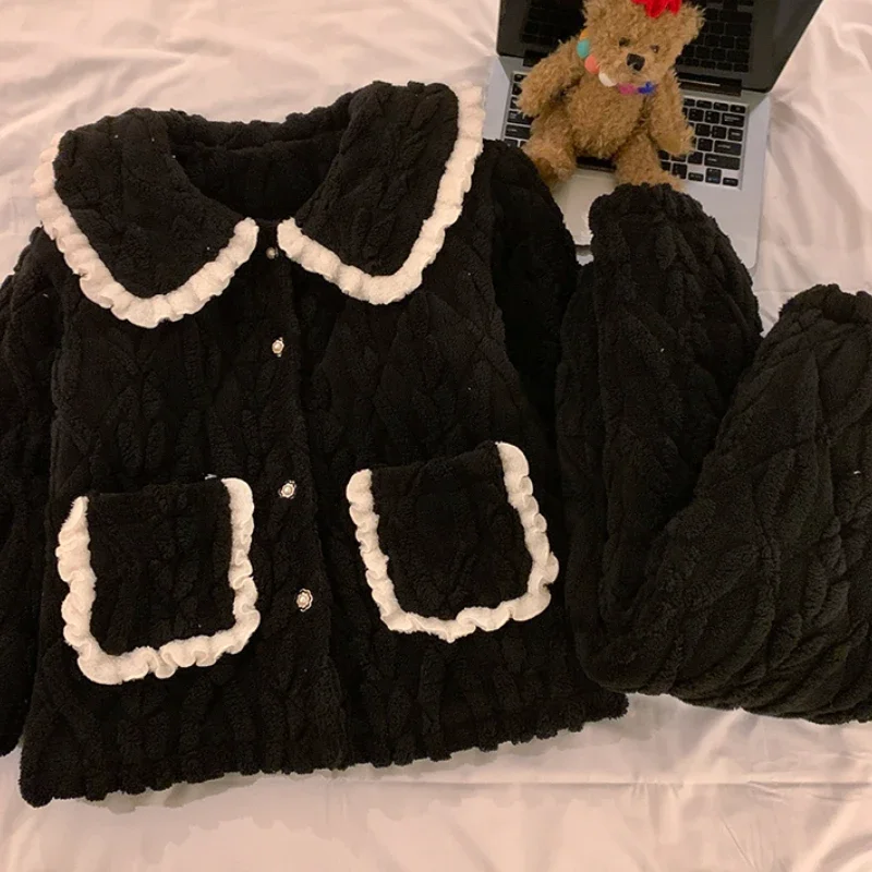 Coral Fleece Pajama Sets Women Winter Thicken Plus Velvet Warm Sleepwear Panelled Cozy Girlish Pockets Casual Sweet Dormitory