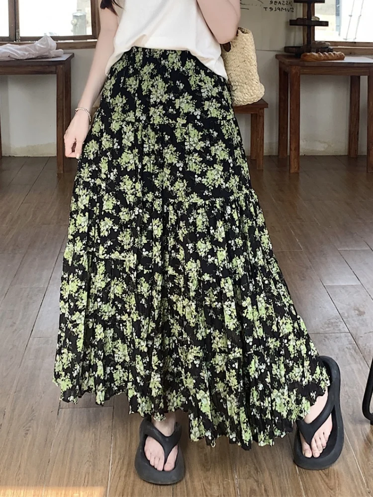 

New Fashion Floral Mid-Length Skirt For Women 2025 Elastic High Waist Retro Long Skirt With Oversized Big Swing Long Skirt