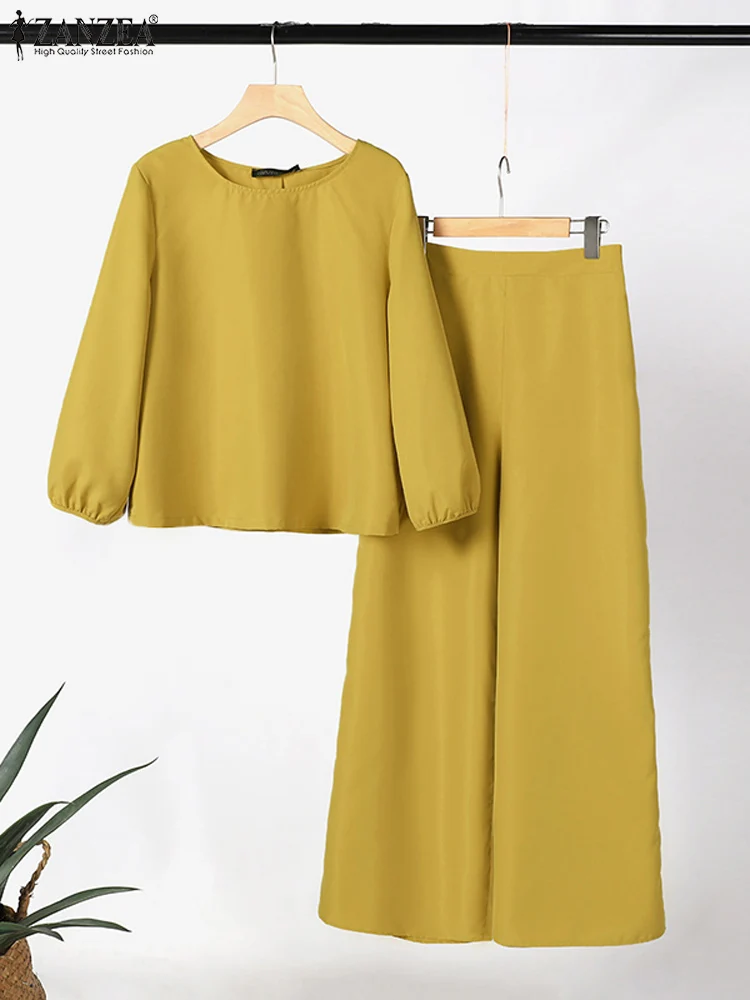 Women Fashion Tracksuit ZANZEA Summer Elegant Wide Leg Pants Sets 2pcs Solid 3/4 Sleeve Blouse Trousers Suits Work OL Outifits