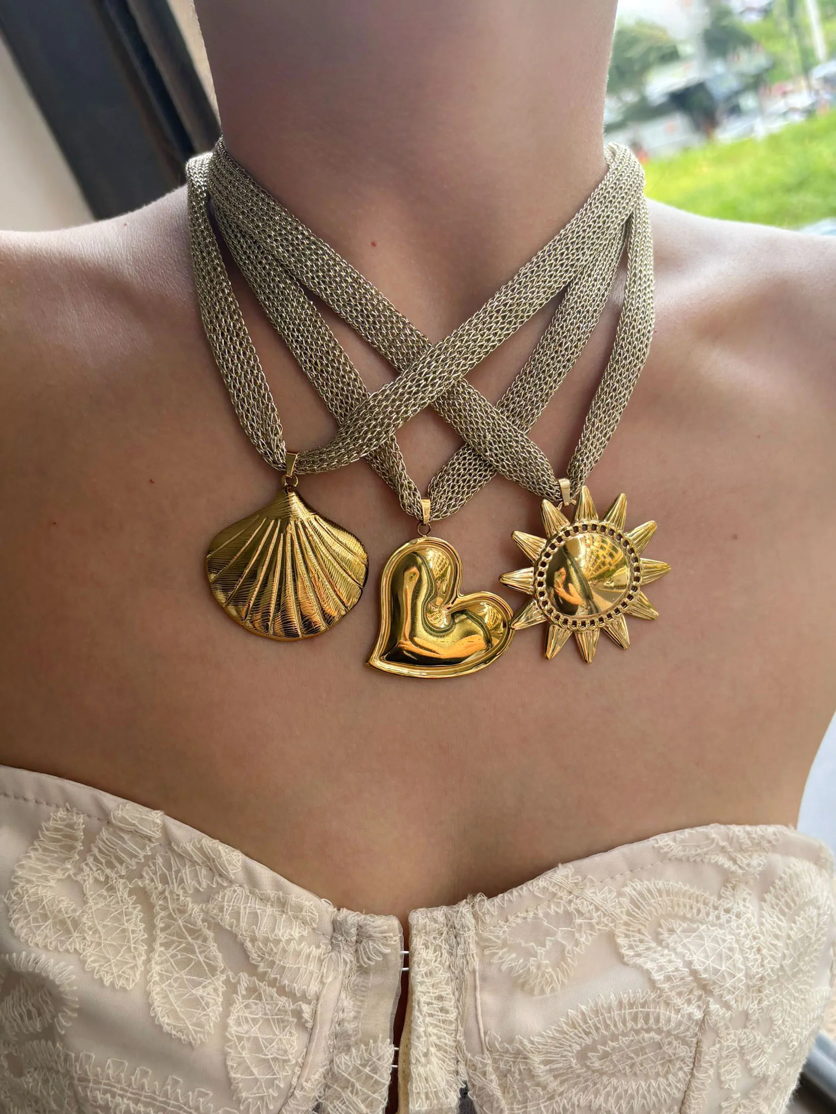 Peri'sbox Stainless Steel Gold Plated Heart Sun Conch Shell Pendant Necklaces for Women Fashion Knitted Mesh Belt Chain New 2025