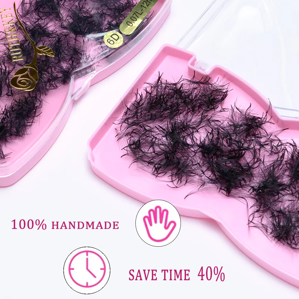 ขนตาปลอมแบบพัดสำเร็จรูป 6D 10D 500 ชิ้น ขนาด M L งอน 6 มม. 7 มม. แบบหลวม ทำมือ ขนตาแบบรัสเซียนวอลุ่ม ฐานบางแหลม