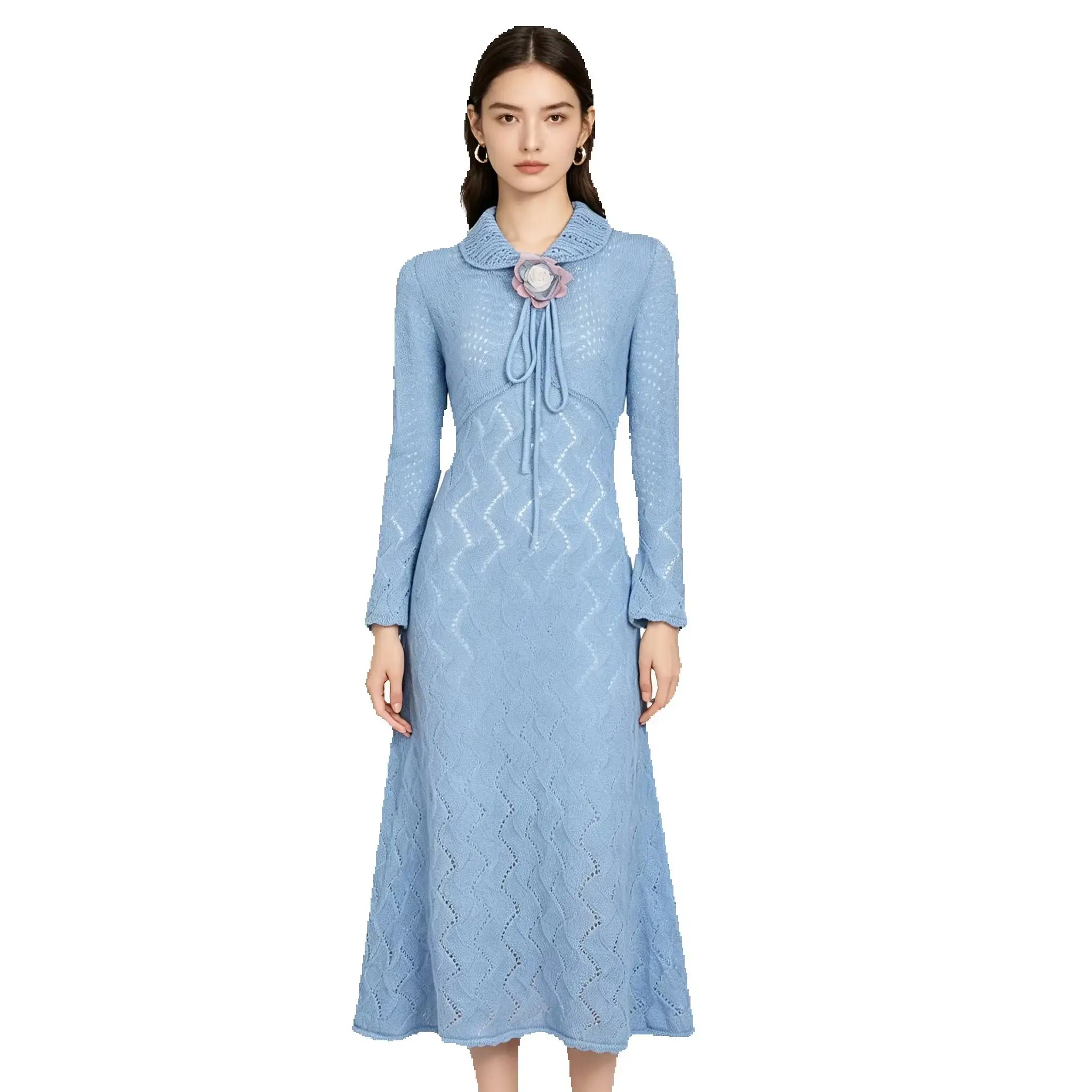 

High Quality New Fashionable Solid Color Knitted Three-dimensional Flower Lightweight Hollow Long Sleeved Women's Dress
