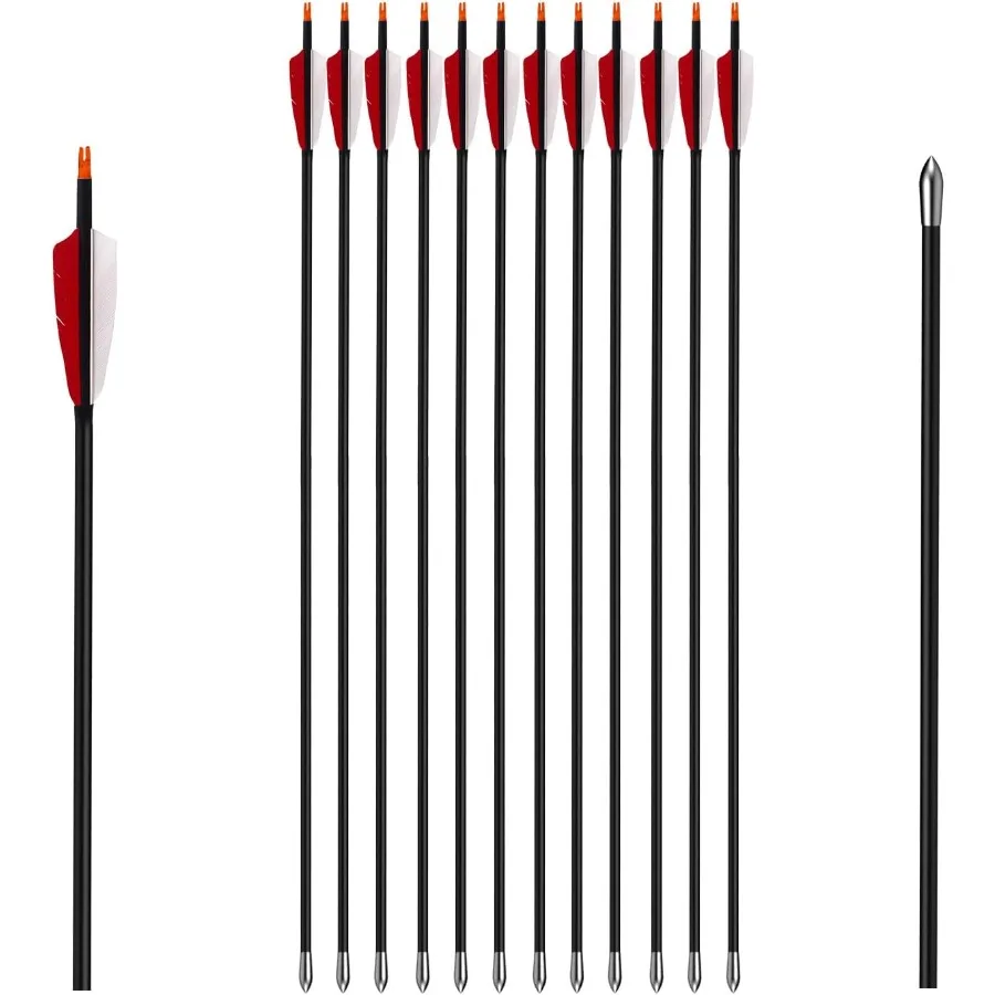 

30 карбоновых охотничьих стрел для изогнутого и блочного лука с 4 турецкими перьями, позвоночником, 500 целевых тренировочных стрел, упаковка из 12 темных B