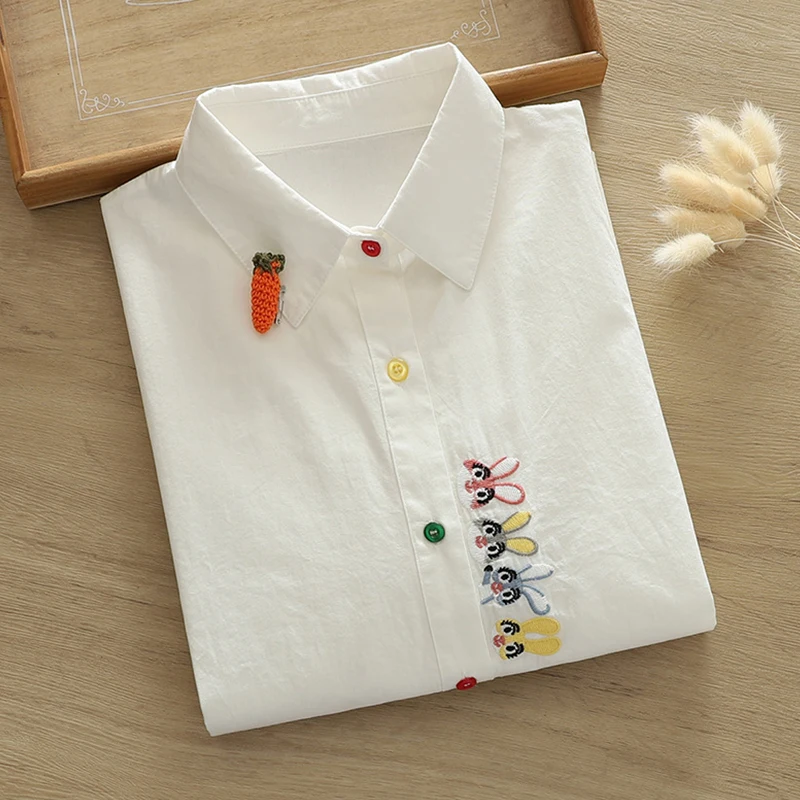 Spring Autumn Cartoon Rabbit Embroidery Long Sleeved Shirt Women Clothing Colorful Button Female Cotton Blouse Tops U029