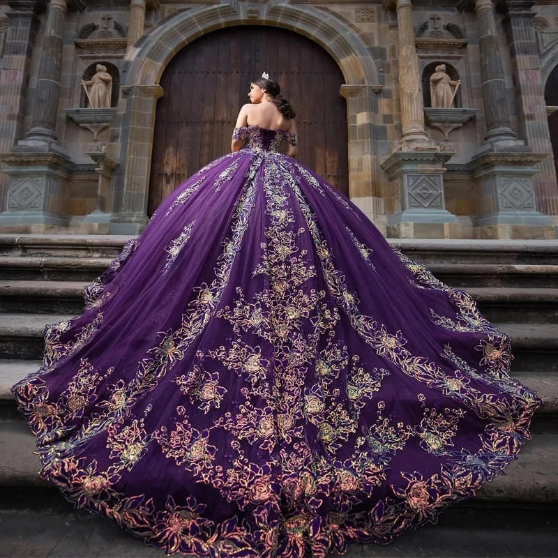 Sparkly Purple Ball Gown Quinceanera Dress 2024 Sweetheart Applique Lace Bead Birthday Party Sweet 16 Vestidos De 15 Años