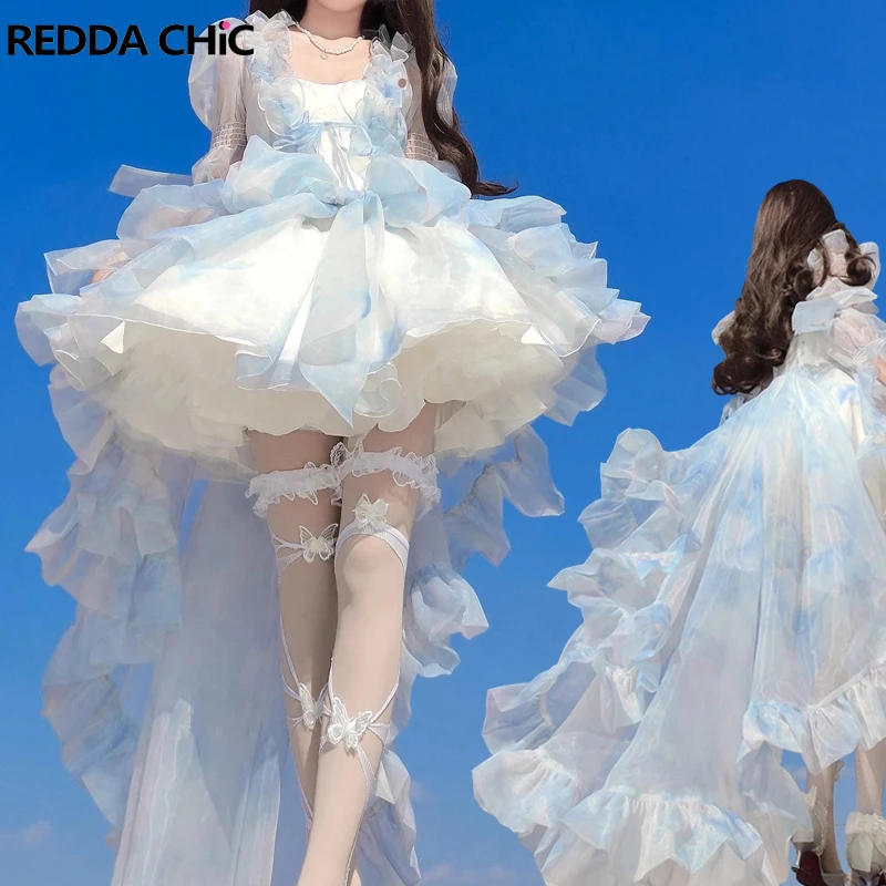 ReddaChic Trailing Princess Puffy Mini Dress Set Women High Low Ruffle Lace-up Corset Tutu Cocktail Party Evening Prom Ball Gown