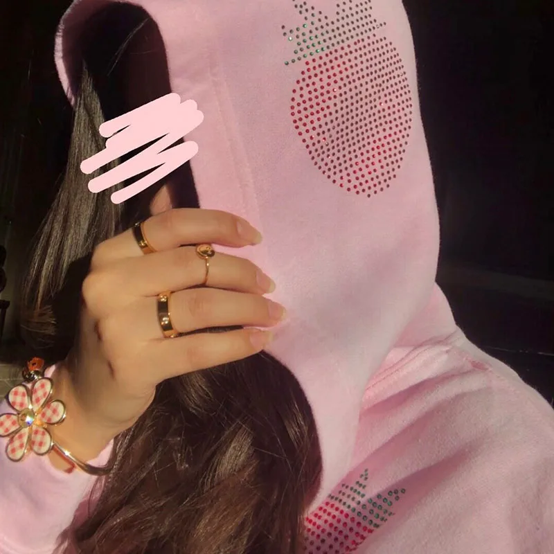 Pink Rhinestone Strawberry Zip Hoodies 2023 Women Autumn Oversize Hooded Sweatshirt Streetwear Fashion Casual Jacket Y2K Clothes