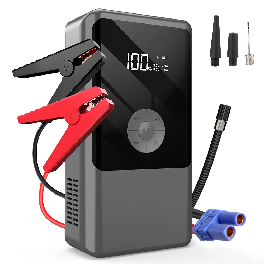 

Автомобильное пусковое устройство (бустер) с функцией Power Bank, LED-фонарем, пиковым током 2000А и воздушным компрессором