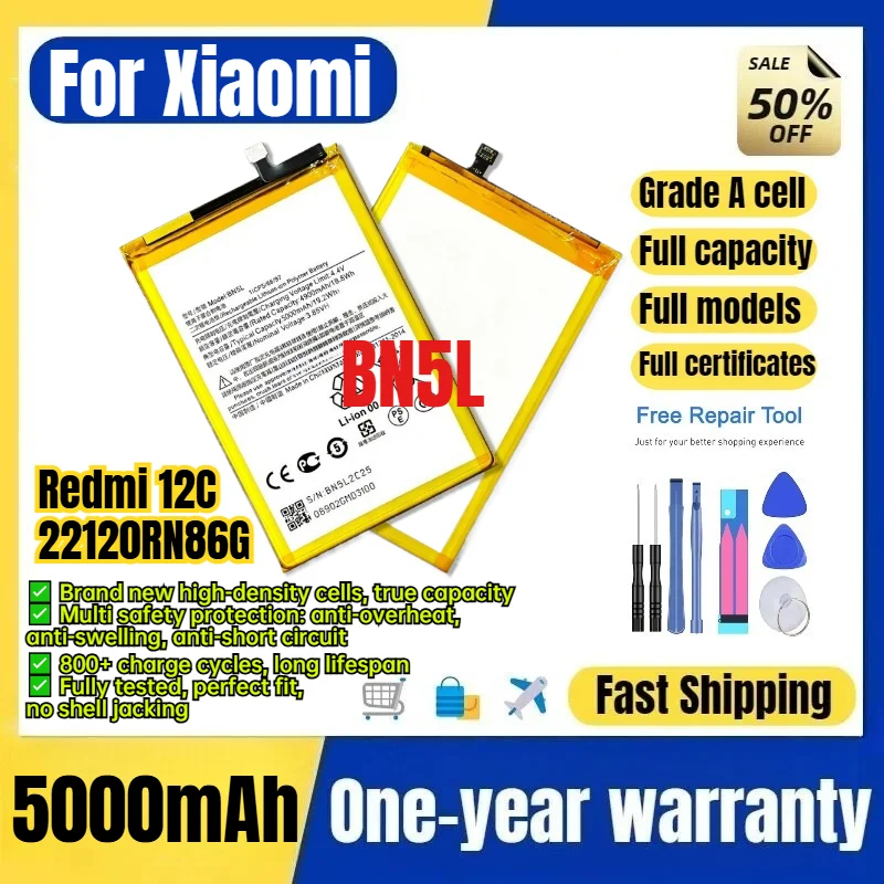 BN5L for Xiaomi Redmi 12C/22120RN86G Phone Battery 0Cycle High Quality High Capacity Replacement Bateria Grade A Cell with Tools