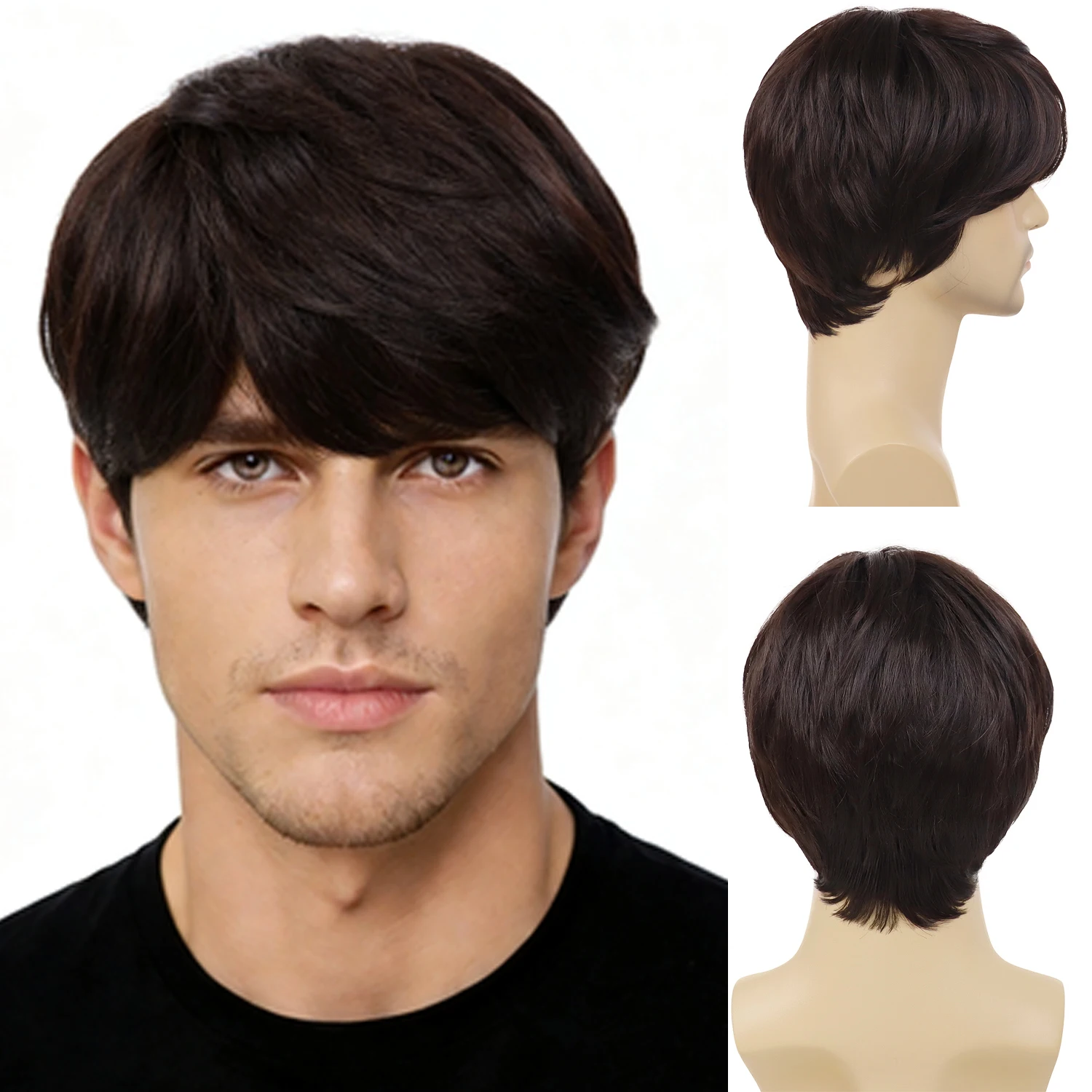 

Синтетические темно-коричневые парики для мужчин, стильные короткие прямые парики в корейском стиле, реалистичные мужские парики для повседневного использования