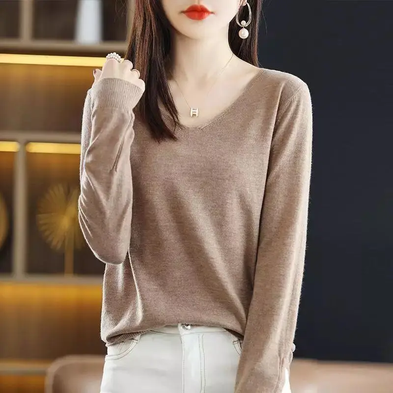 2023 Spring Women's White Solid V-Neck Long Sleeve Comfortable Sweater Winter Multi Color Korean Loose Casual Versatile Top