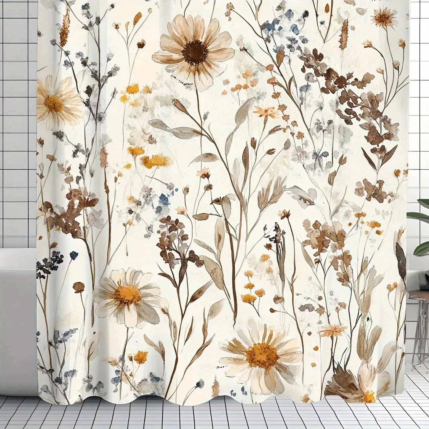 

Vintage floral and butterfly print polyester shower curtain with artistic brown and green botanical pattern on white background