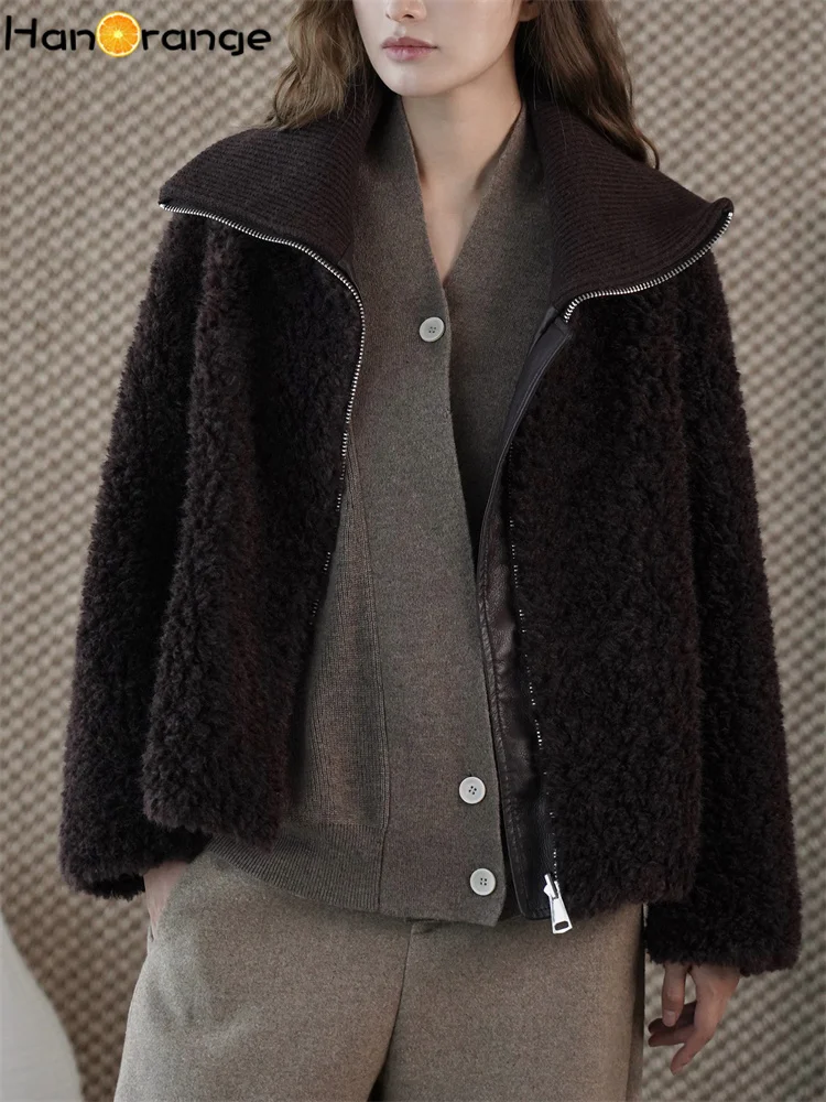 HanOrange 2025, зимняя ретро ленивая плюшевая куртка с воротником-стойкой и полумолнией, искусственная куртка из овечьей шерсти, свободное теплое пальто, дымчато-серый/шоколадный цвет