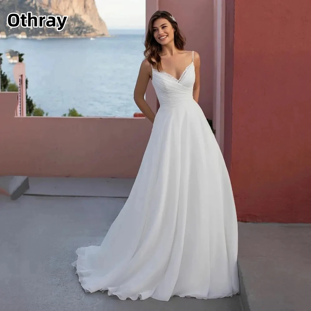 

Othray Romantic Tulle Beach A-line Wedding Dress Tulle Sweep Train Spaghetti Straps Bridal Gowns Brides Dresses Customized