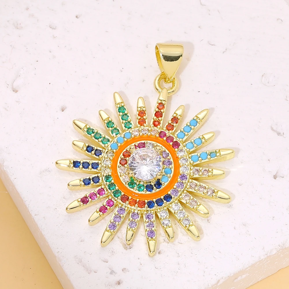 Juya 18K vergoldete Luxus-Anhänger mit Regenbogen-Zirkonia, Stern, Libelle, Baum des Lebens, Biene, Liebesherz, rundem griechischem Bösen-Auge-Charm – Detail 11