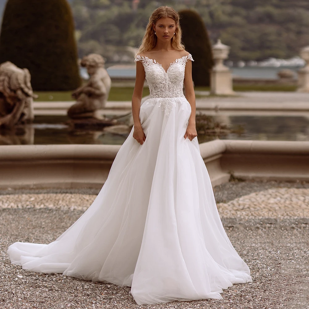 2024 Wedding Dress for Bride Charming Scoop Neck Sleeveless Beading Applique Sweep Train A Line Vestidos De Novia Bridal Gown