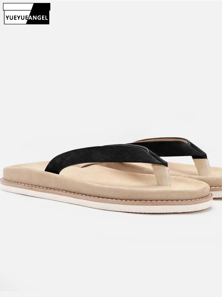 Youth Trend Fashion High Quality Mens Slippers Personalized Solid Color Breathable Cow Suede Non Slip Leisure Beach Flip Flops