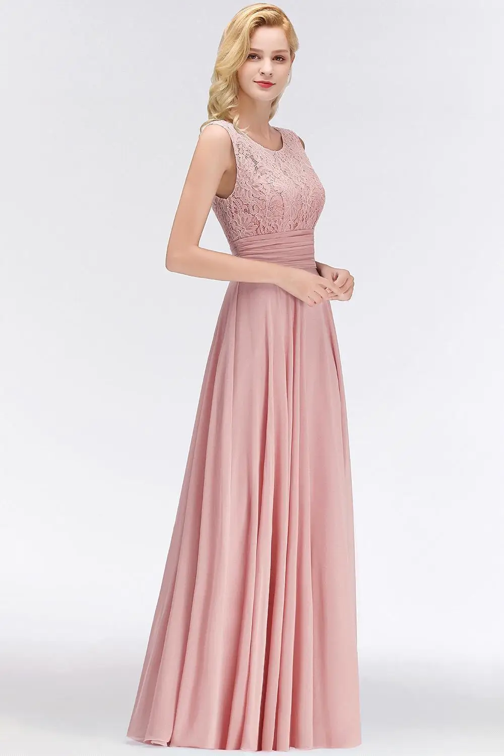 BABYONLINE  Pink Lace Prom Dress Long Maxi Sleeveless Chiffon Skirt with Lace Bodice Illusion Neck V-Back Formal Party Dress