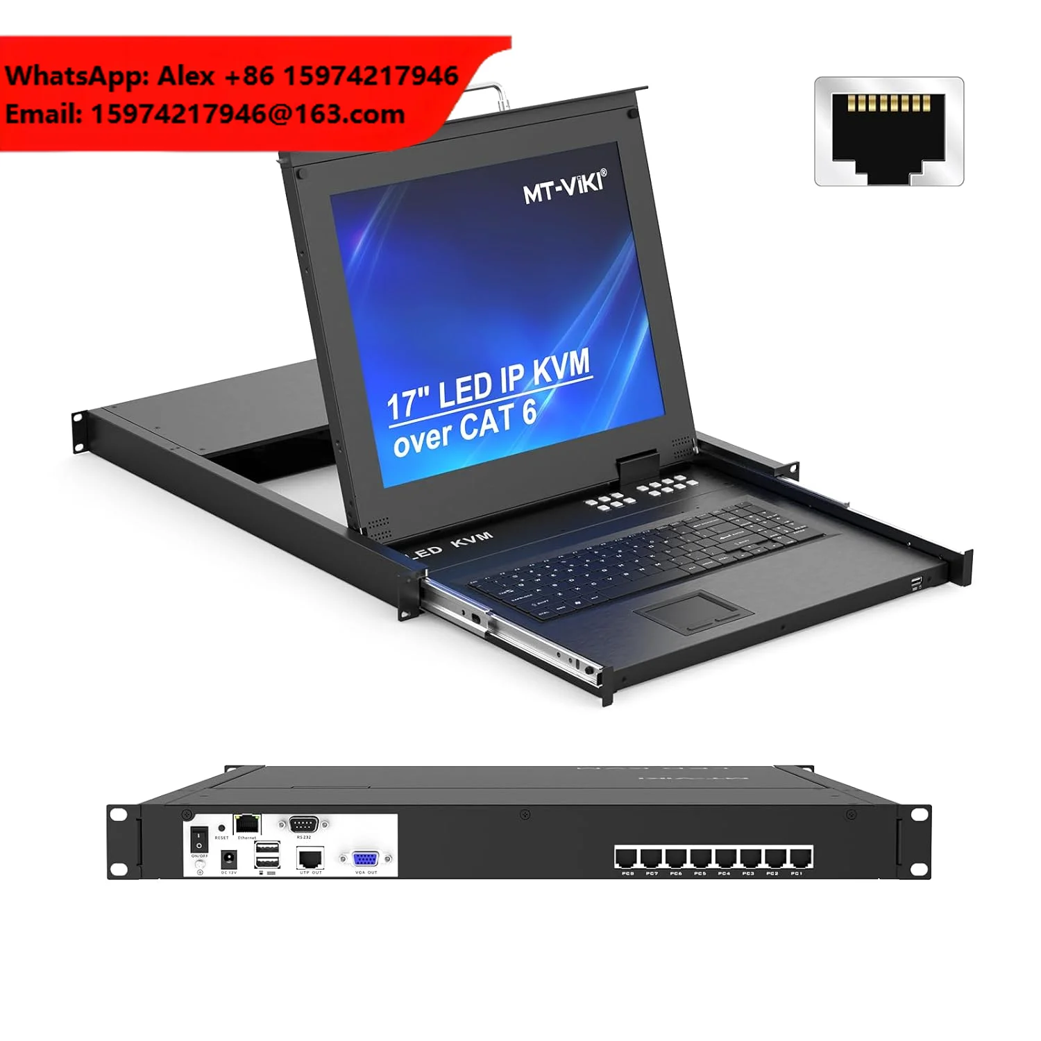 MT-VIKI 8 Port CAT6 Extension KVM Over IP, 1U Rack Mount KVM W/17'' LCD Monitor, (VGA/HDMI Dongle NOT Included)