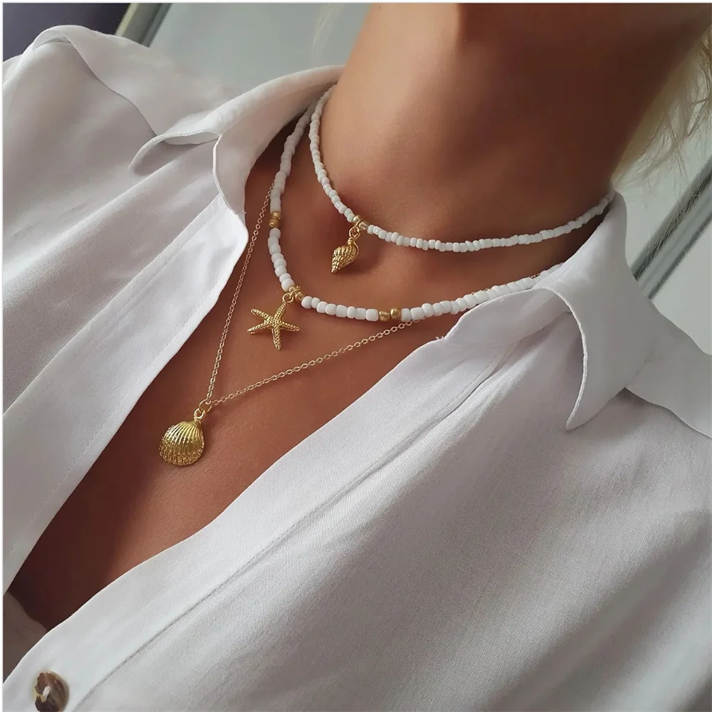 Vintage Blue White Bead Chain Eye Starfish Head Coin Pendant Necklace For Women Boho Fashion Ethnic Multilayer Baroque Jewelry