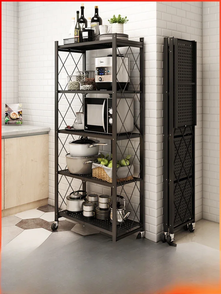 Fold-out shelves without installation, floor-to-ceiling, multi-layer kitchen, oven, pot rack, microwave storage, mobile stora