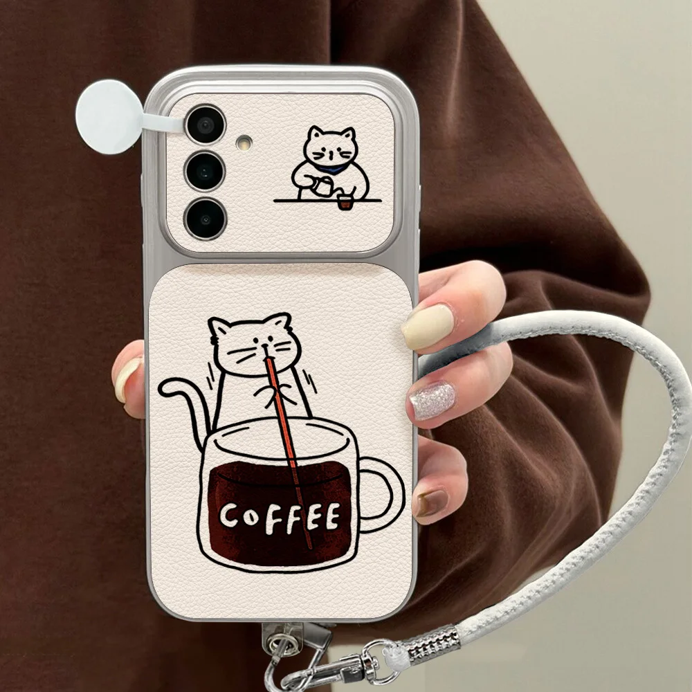 Coffee Cute Cat Phone Case For  Samsung S26 S25 S24 S23 Ultra Plus FE A16 A27 A26 A57 A56 A37 A36 A07 A06 A17 Cover With Lanyard
