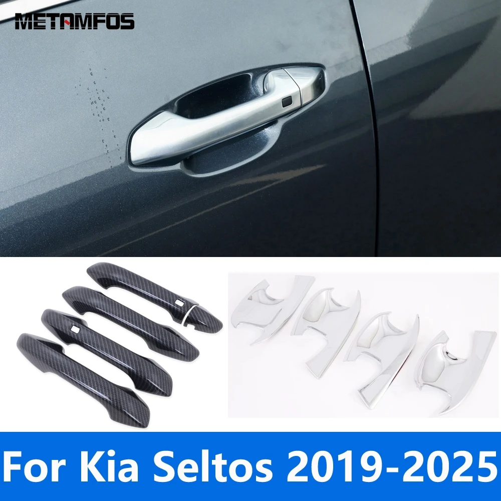 

Для Kia Seltos 2019-2023 2024 2025 углеродное волокно, боковая дверная ручка, крышка чаши, защитная крышка, внешние аксессуары, Стайлинг автомобиля