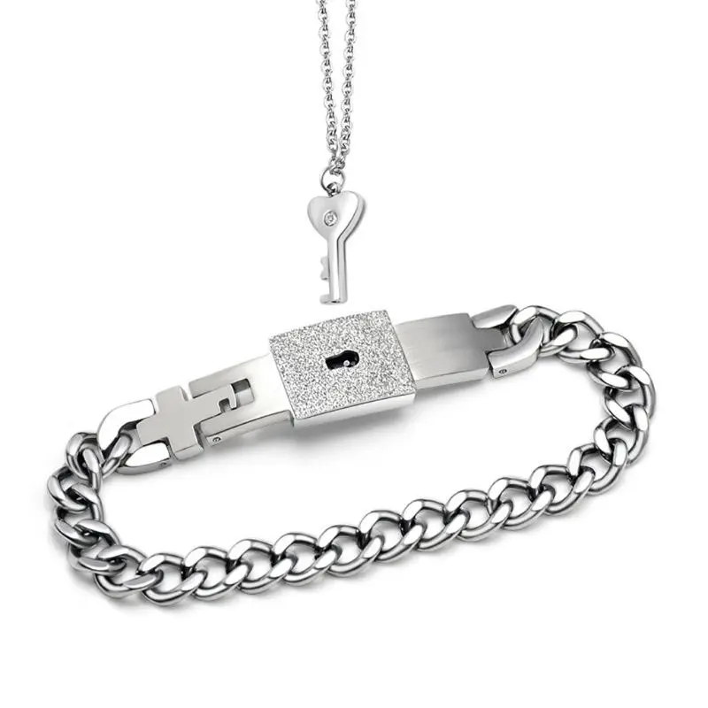 

Exquisite Love Heart Lock Bracelet Bangle +Key Pendant Necklace Gift for Boyfriend Girlfriend Engagement