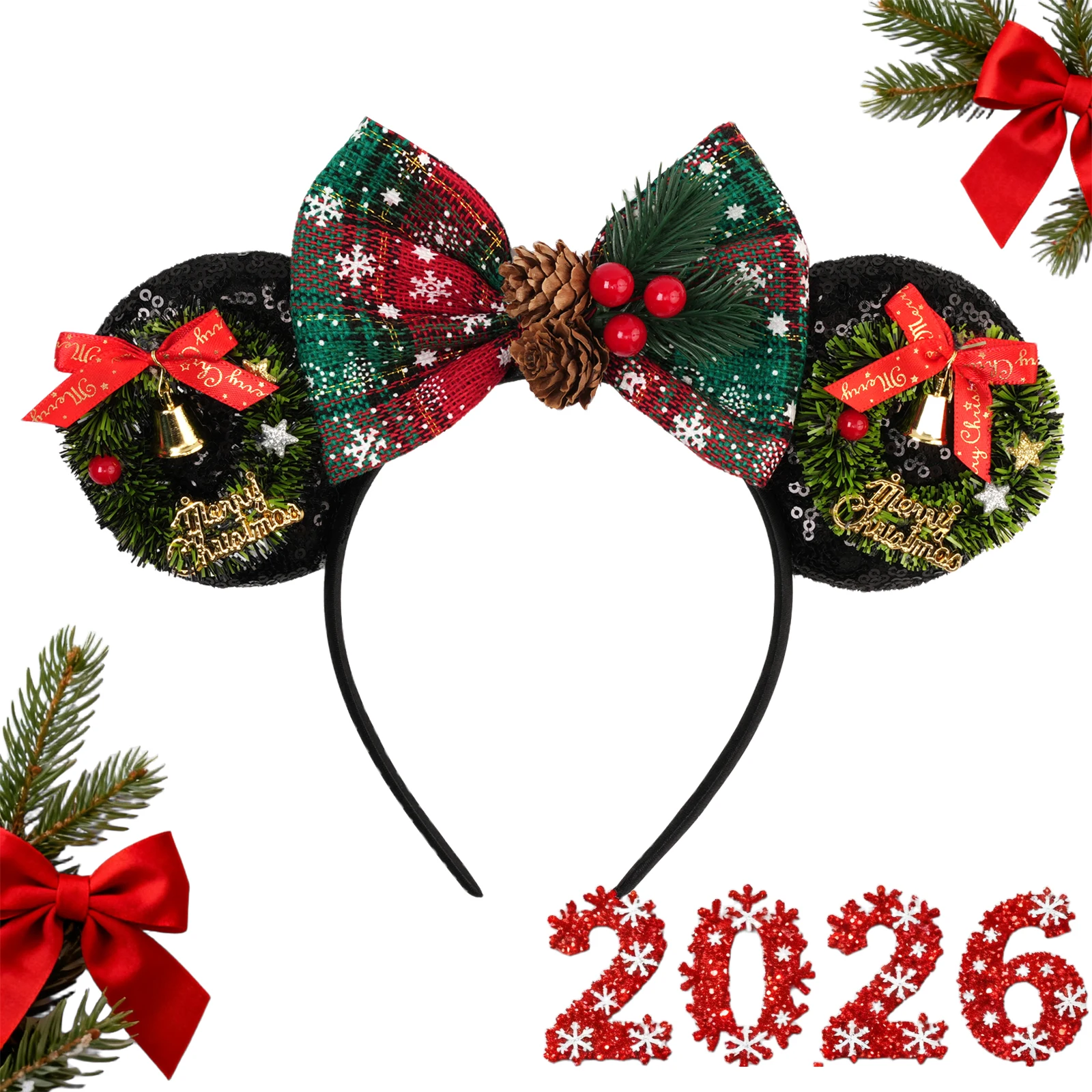 2026 Weihnachts-Haarreif mit Glocken- und Tannenzapfen-Dekoration, Mickey-Mouse-Ohren-Haarreif, Party- und Feiertagsgeschenk für Eltern und Kinder, Haaraccessoire