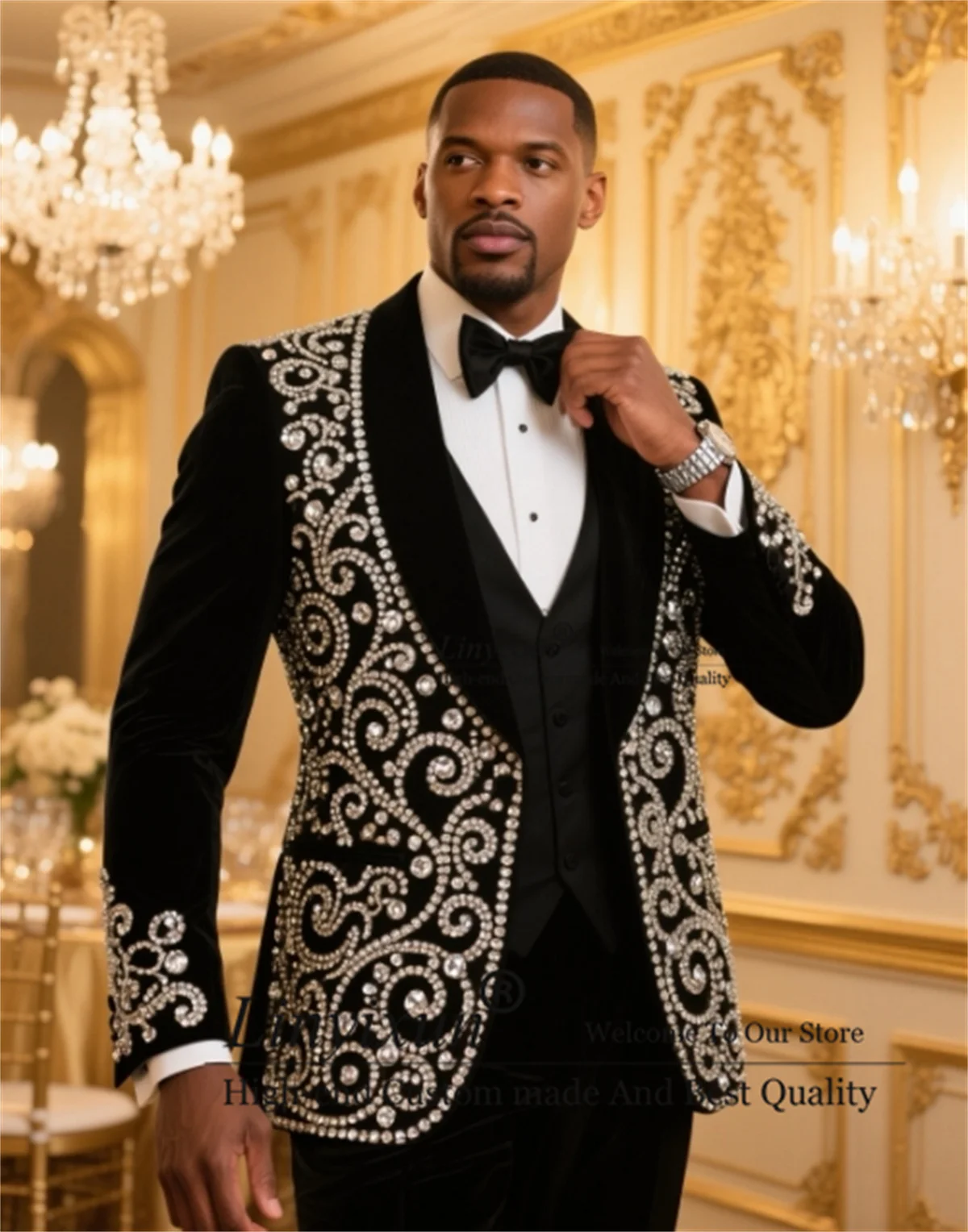 

Glitter Crystals Beaded Tuxedos Men Suit Slim Fit Wedding Male Ropa Hombre 3 Piece Sets Customized Groom Groom Party Blazer