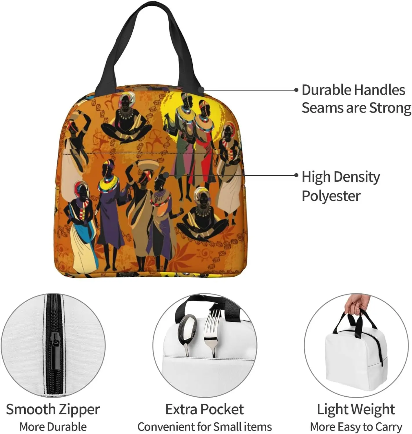 Bolsa de almuerzo negra africana para mujer, bolsa de mano compacta para mujer Afro, contenedor reutilizable para mujeres, hombres, escuela, oficina, trabajo, 6l