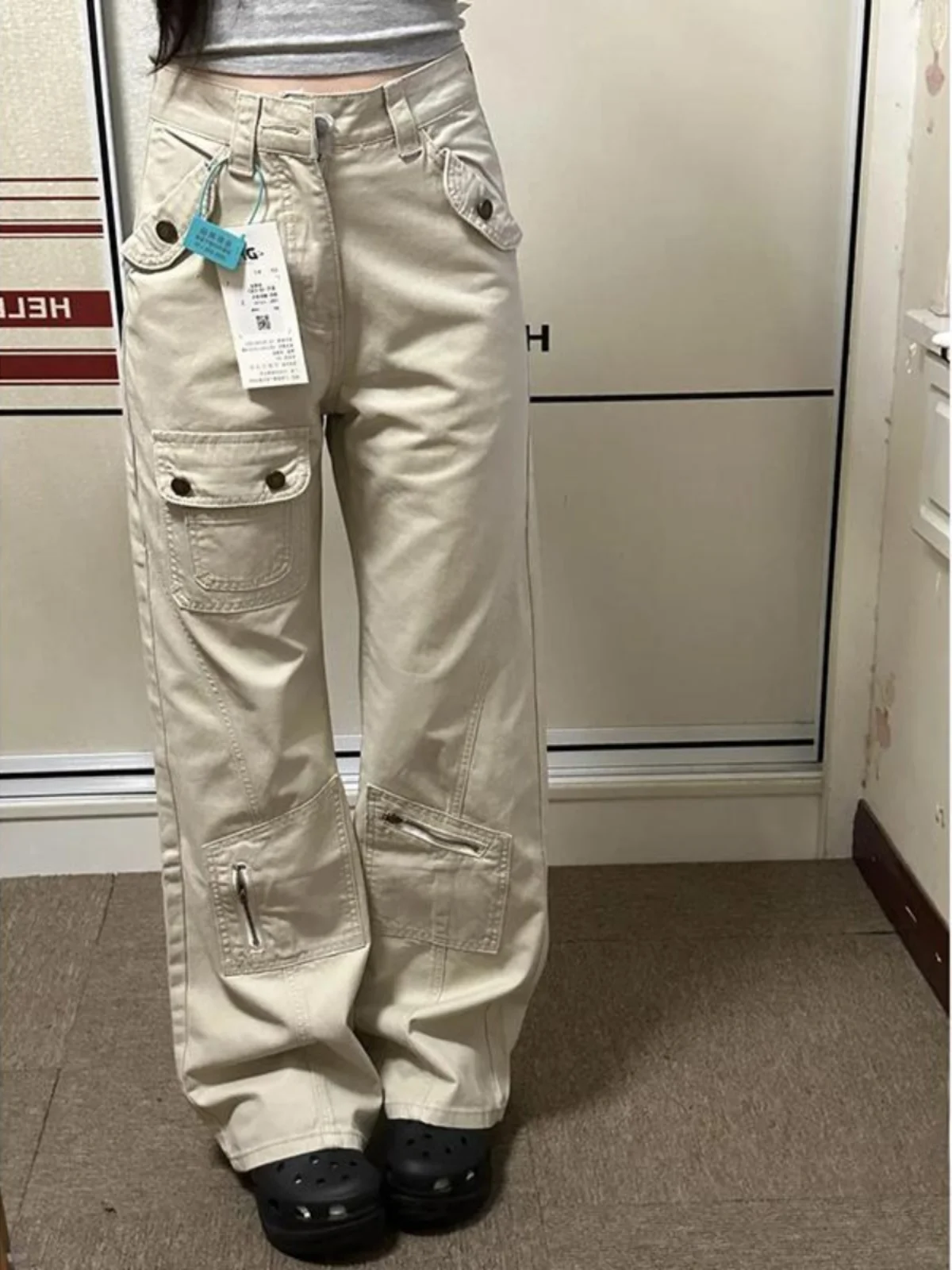 

High Waist Multi-ket Work Pants Women's Loose Fit Jeans Bell Bot Long Trousers Versatile Floor-Length Pants