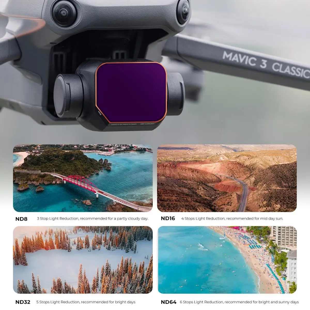 K & F Concept 4 шт. набор фильтров (ND8 + ND16 + ND32 + ND64) для DJI Mavic 3 Classic с 28 слоями нанопокрытия с зеленой пленкой против царапин