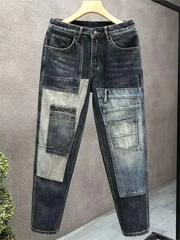 

Цветной дизайн, свободный крой, прямые мужские джинсы, модная повседневная одежда американского бренда High Street, всесезонная одежда