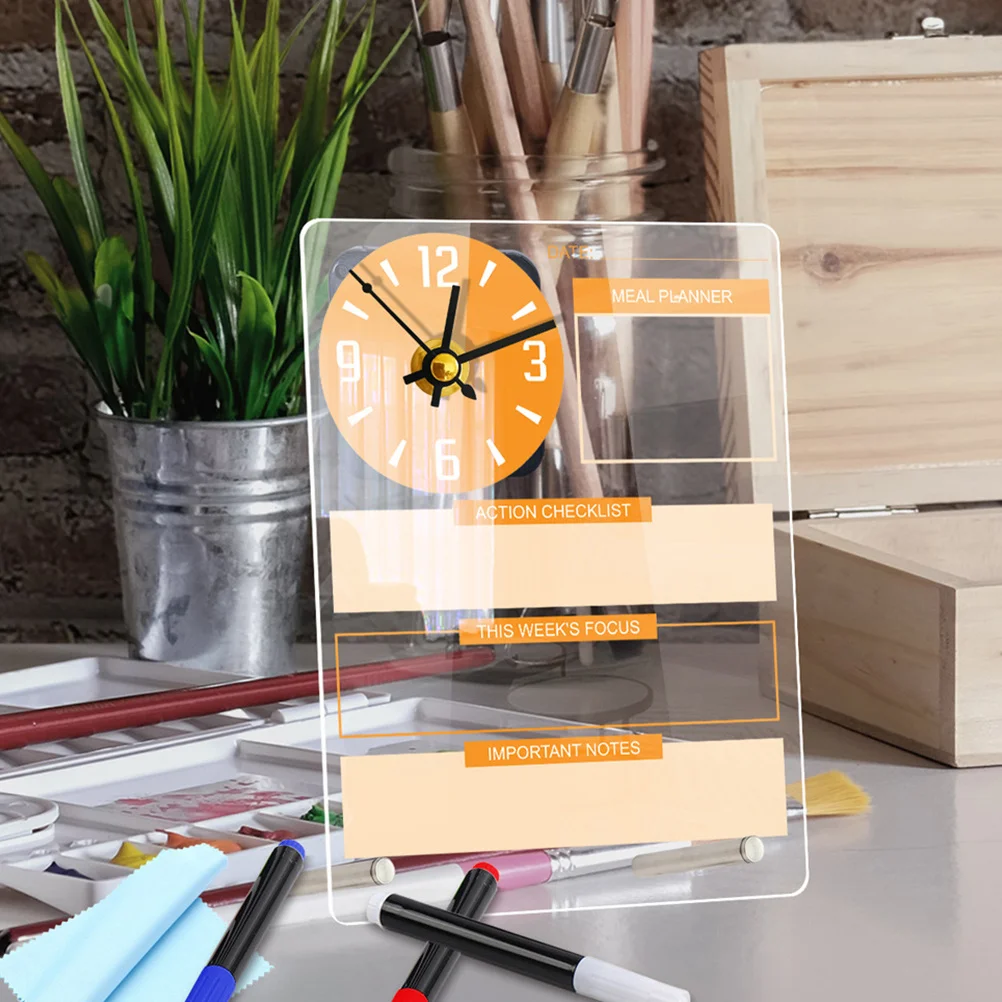 

1Set Desktop Acrylic Writing Board Dry Erase Board with Clock for Home Office Memo Planner Dry Erase Table Standing Whiteboard