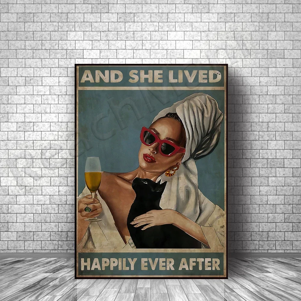 She lived happily ever after poster, cat wine canvas print, love cats poster, love wine poster, cat love gift
