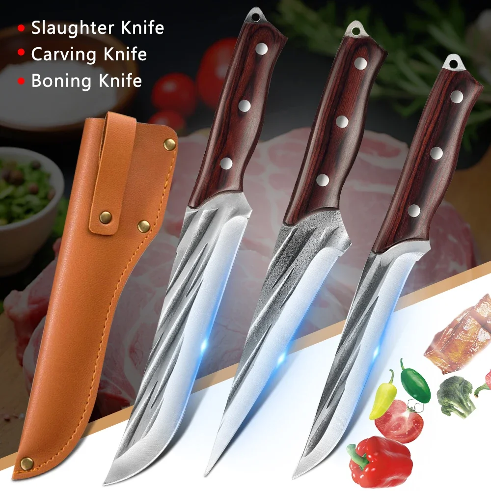 Kitchen Boning Knife Set 5Cr15Mov Stainless Steel Forged Chef Knife Meat Cutting Bone Fruit Knives Wood Handle with holster