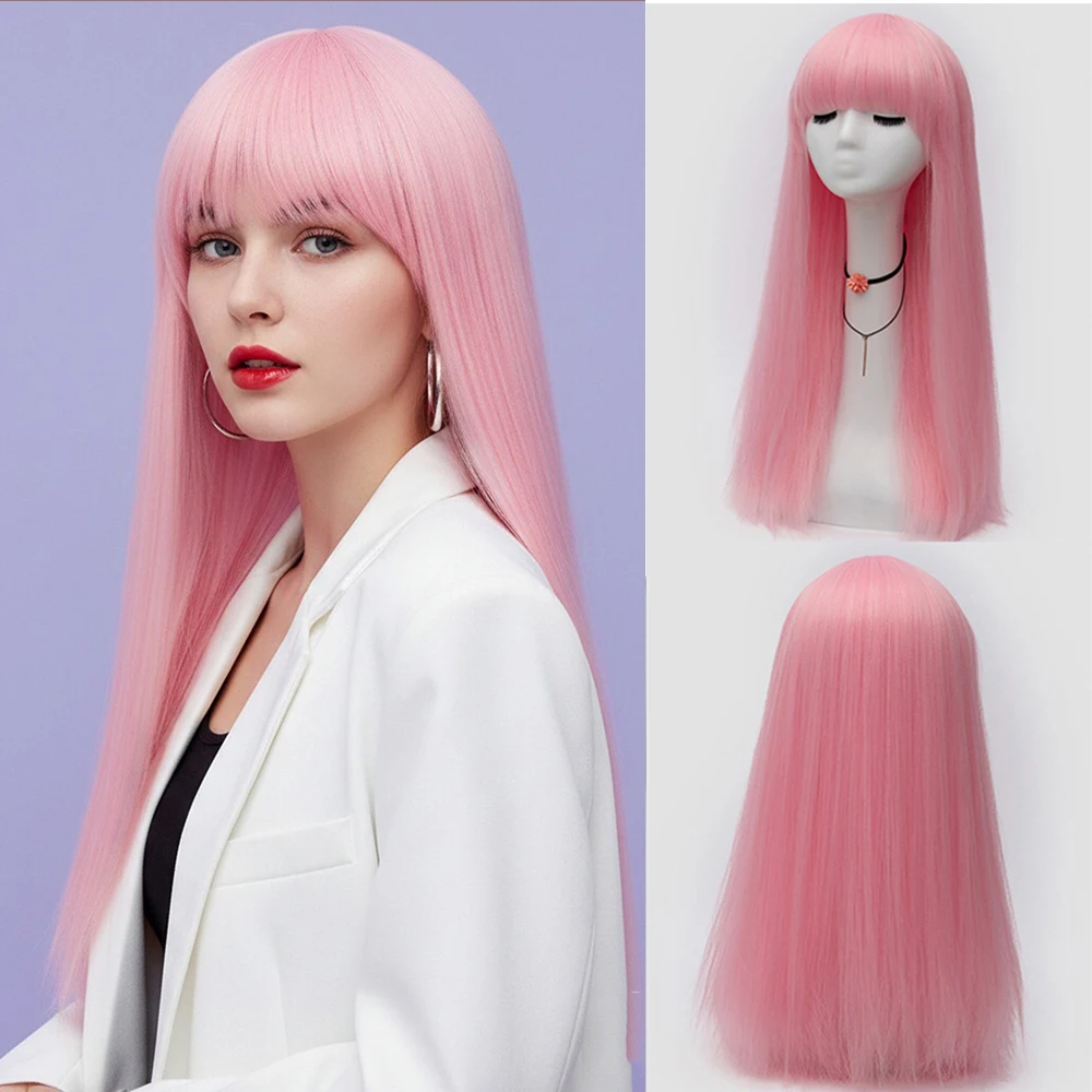 

Синтетический длинный прямой розовый парик с челкой - идеально подходит для Хэллоуина, косплея и аниме-вечеринок, искусственные волосы