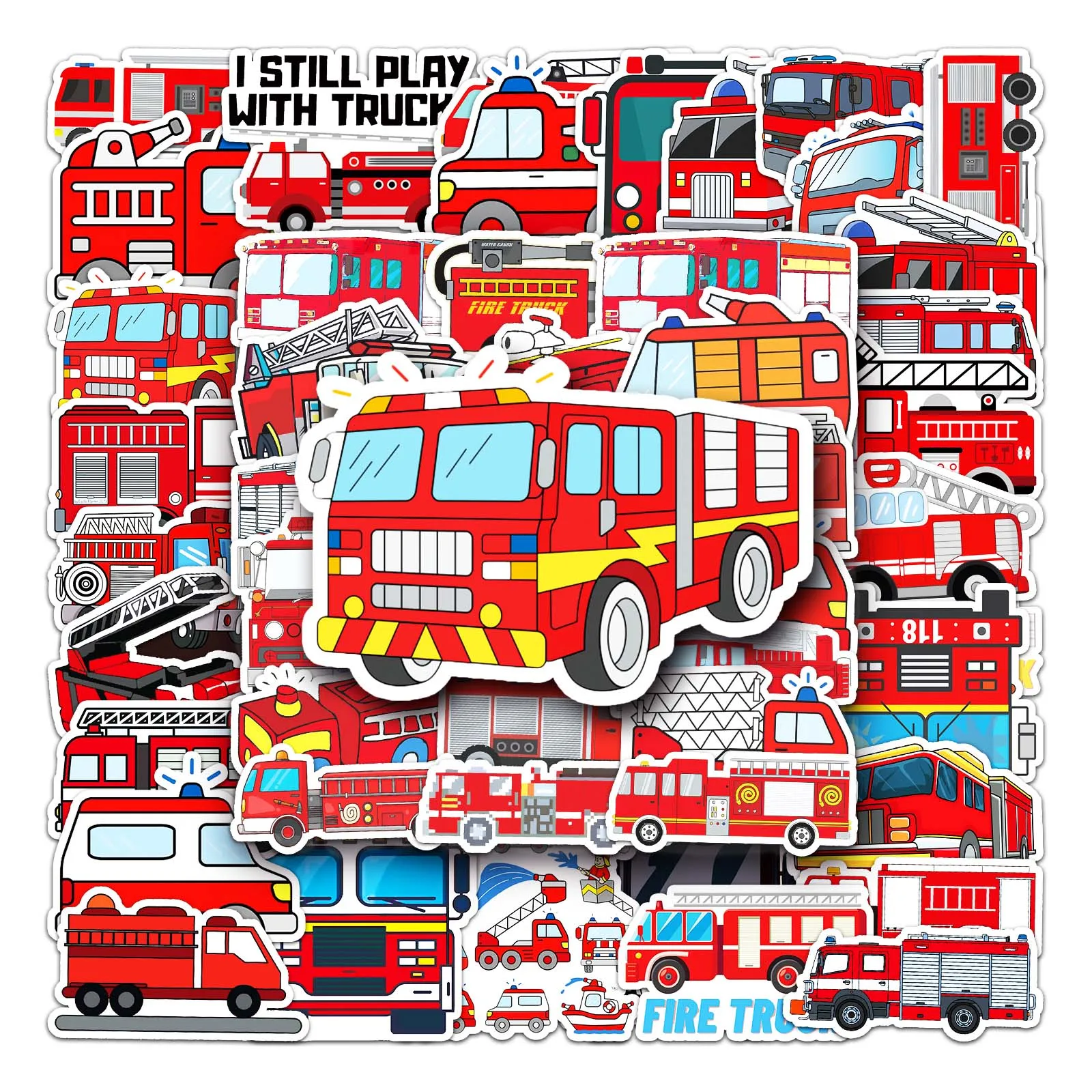 50Pcs Fire truck series Cartoon Cute Waterproof Sticker Skateboarding Snowboard Retro Vinyl Sticker