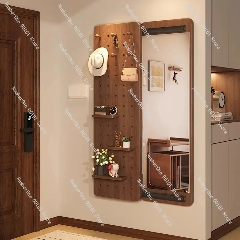 Solid Wood Pegboard Dressing Mirror, Invisible Sliding Full-body Mirror, Hidden Wall-mounted Dressing Mirror for Entrance
