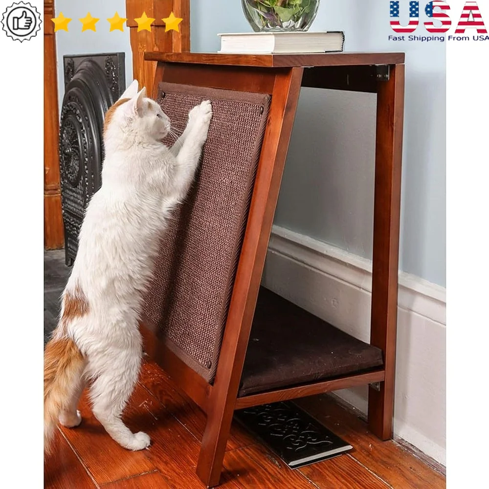 

Wooden Cat Furniture Bed Scratching Post End Table Small Breeds Durable Sisal Scratch Pad and Washable Cushion Indoor Use